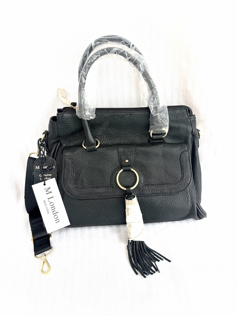NWT!  M. London Black Leather Satchel Handbag with Crossbody, Tassel Detail